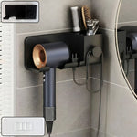 Wall mounted hair dryer holder with shelf and hook for bathroom organization