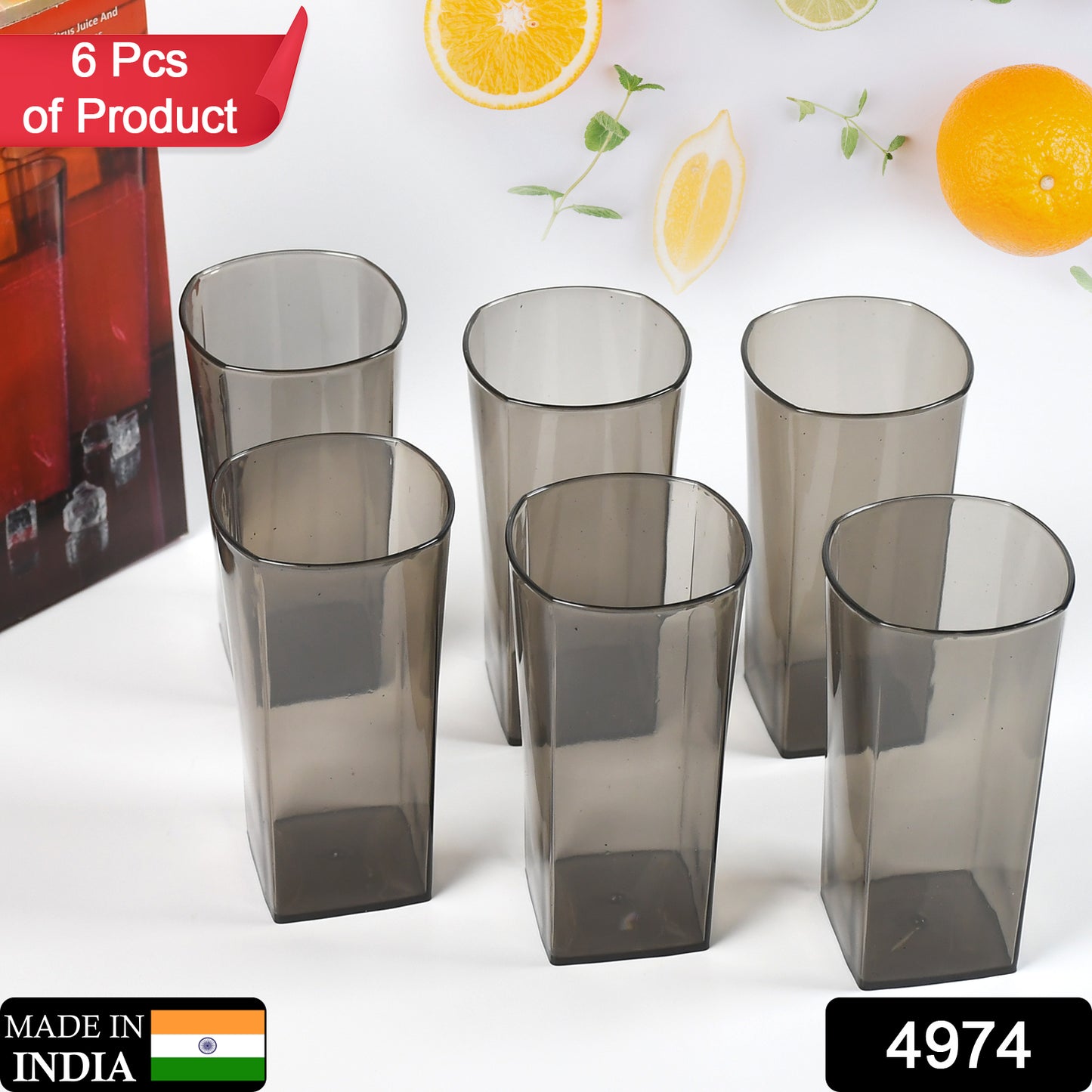 4974 Unbreakable Stylish Transparent Square Design Waterjuicebeerwine Tumbler Plastic Glass Set ( 300 Ml Pack Of 6) ( Black )