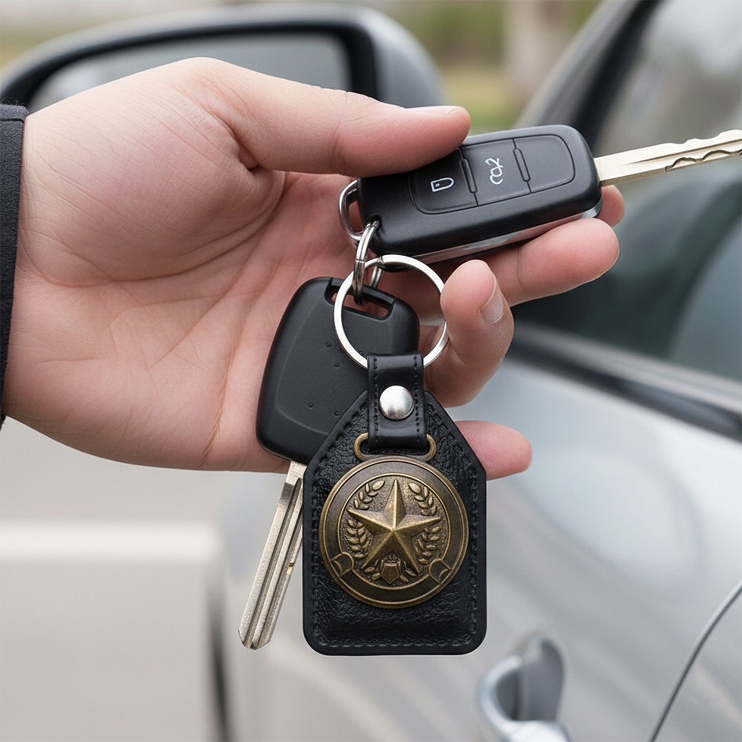 Premium Leather Finish Metal Star Emblem Keychain (1 Pc)