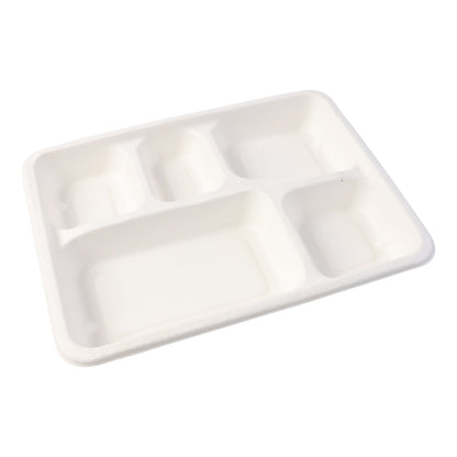 Disposable food-serving tray made from natural bagasse with five compartments