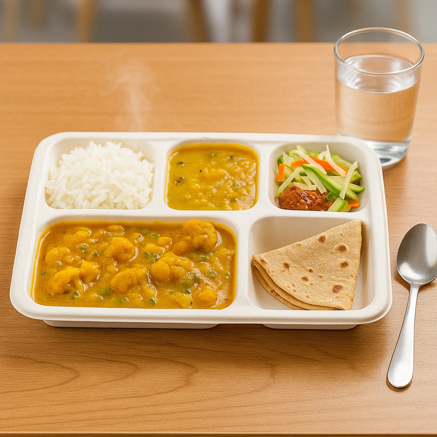 Close-up of sturdy bagasse lunch plate showing five leak-resistant compartments