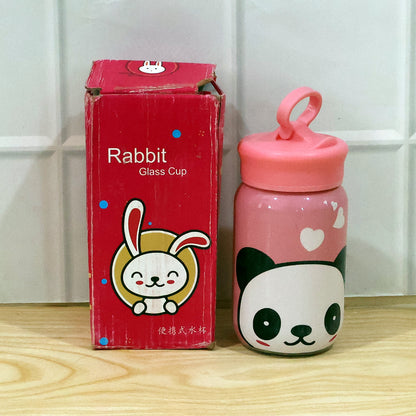 Cute Cartoon Printed Glass Drinking Bottle Cup With Lid (340 Ml)