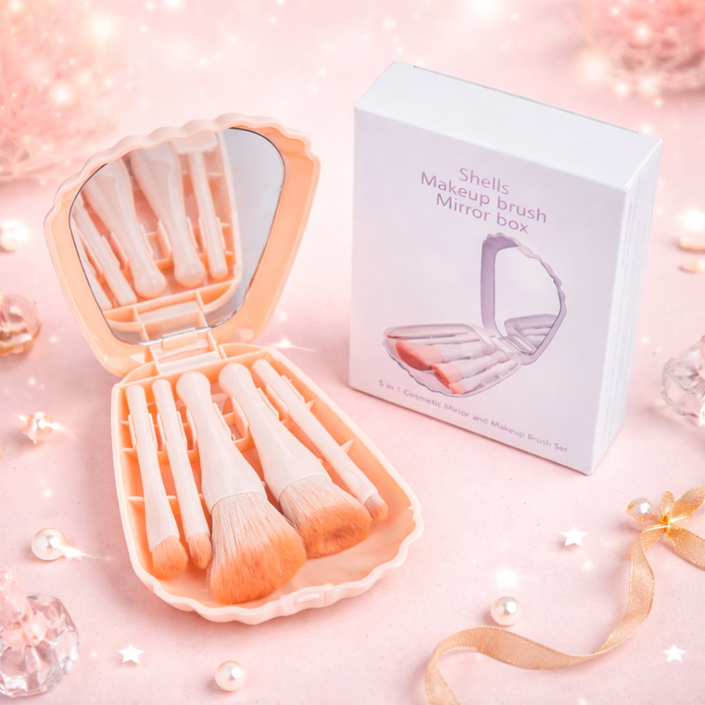 5 In 1 Makeup Brush Set With Mirror Box  Compact Cosmetic Kit