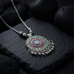 Antique silver-tone floral mandala pendant necklace with enamel accents and hanging ghungroo beads