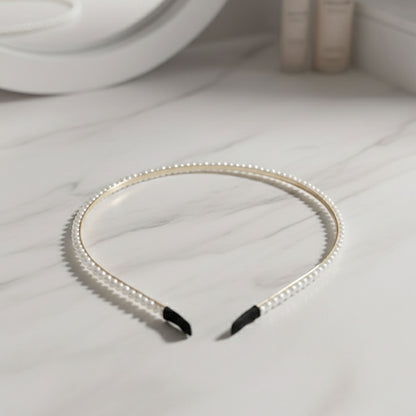 Elegant Pearl Beaded Slim Golden Metal Hair Band (1 Pc)